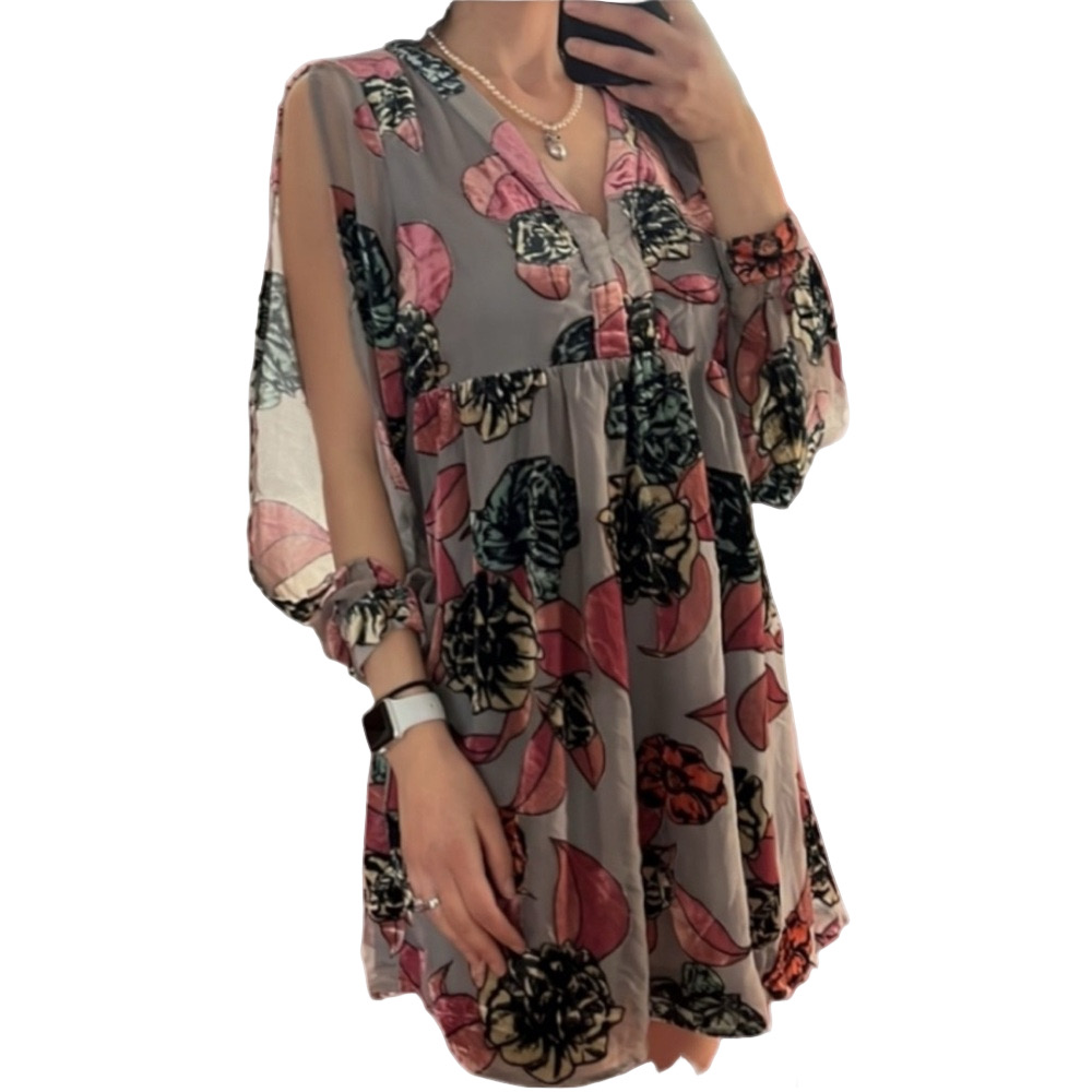 En Creme Velvet Burnout Floral V-Neck Mini Boho Dress Split Sleeves Small New